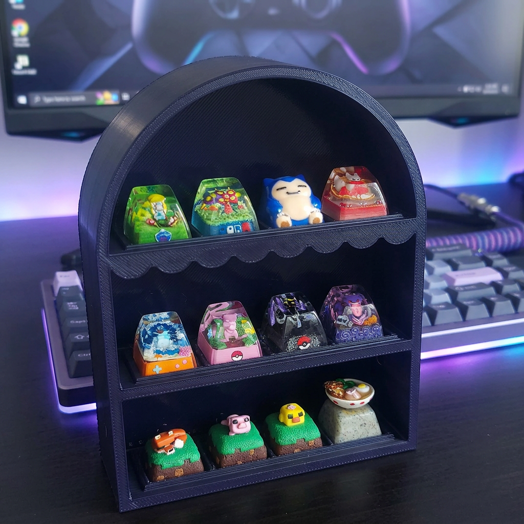 Exhibidor de keycaps en un escritorio gamer con luces moradas y azules