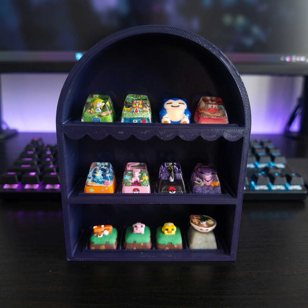 Exhibidor de keycaps junto a un escritorio gamer