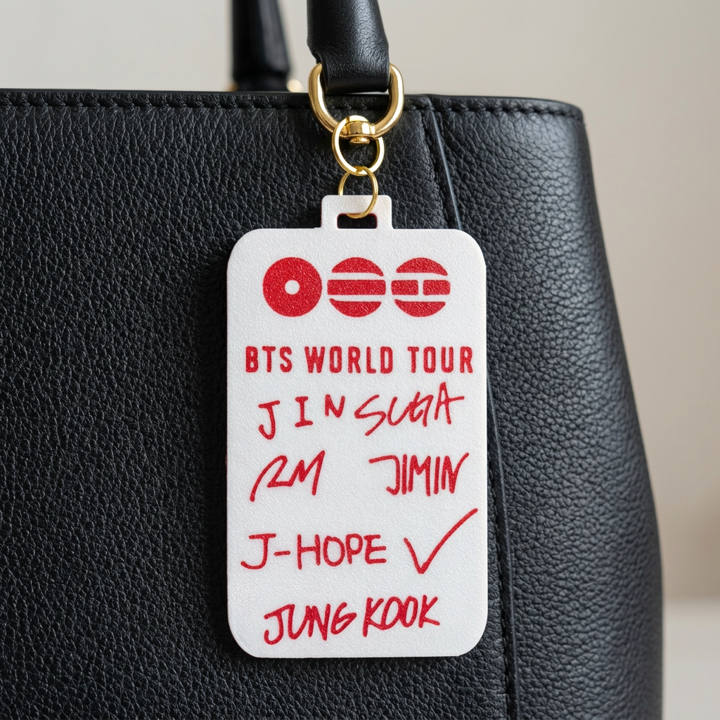 Llavero BTS World Tour sobre una cartera negra