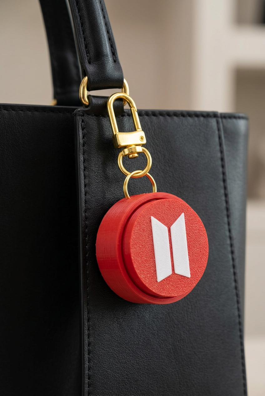 Llavero circular rojo enganchado a una cartera negra