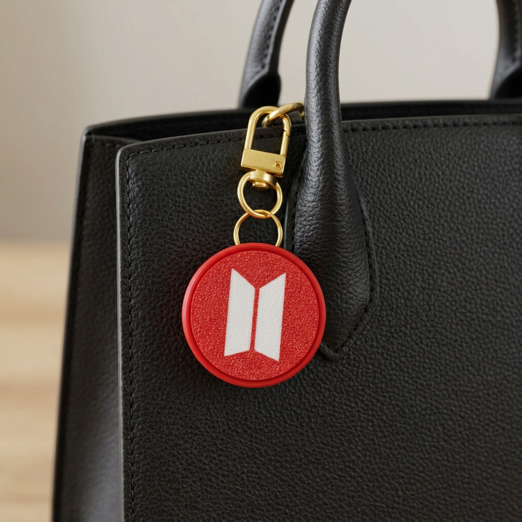 Llavero circular rojo sobre una cartera negra